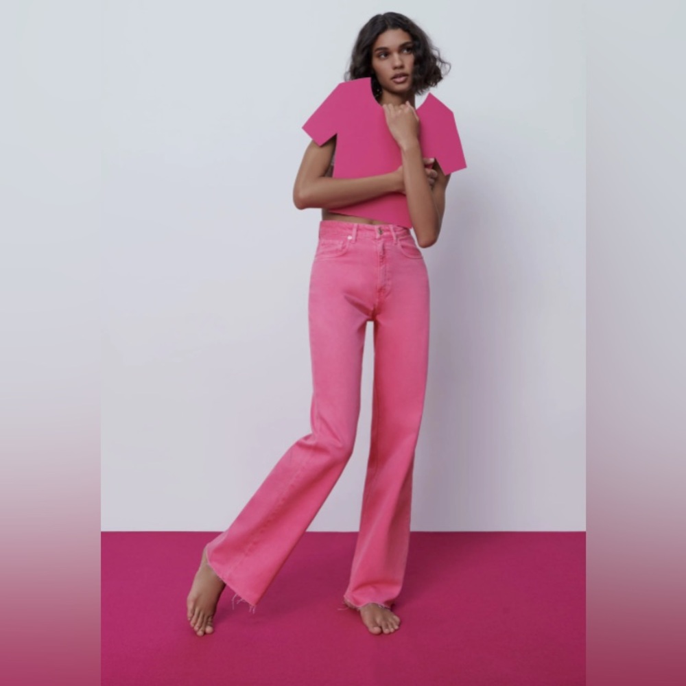 NWT pink Zara full length high rise wide leg jeans size 12 / 31